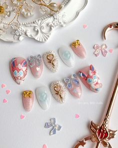 Kingdom Hearts Nails, Sylveon Nails, Cute Pokemon Nails, Espeon Nail Art, Pokemon Nails Acrylic, Pink Pokemon Nails, Pokemon Nail Art, Pokemon Nails