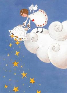 an illustration of a girl on top of a cloud flying through the sky with stars