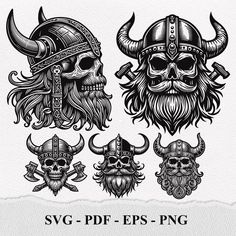 three skulls with helmets and beards on them