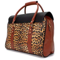 Combine fashion and functionality with this faux leather weekender bag.     Product features: Printed faux leather body Top turn-lock closure Lined interior with BM monogram and interior organizational pockets. Shiny gold logo plate and hardware Exterior zippered rear pocket  PU rolled handles and removable and adjusta Leather Weekender Bag, Leather Weekender, Medium Sized Bags, Body Top, Weekender Tote Bag, The Leopard, Weekender Tote, One Bag, Gold Logo