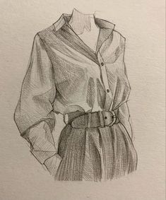 a drawing of a woman's shirt and skirt with belt on the waist, in pencil