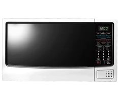 a black and white microwave oven on a white background