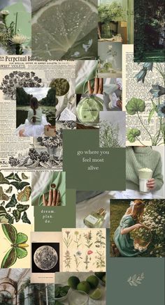 a collage of green and white images