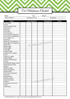 the printable car maintenance checklist is shown in green and white chevrons