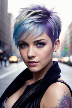 Short Hair Colour Ideas 2024, Blue Pixie Cut, Pixie Undercut Hair, Pastel Pixie Hair, Punk Pixie Cut, Pixie Hair Cuts, Purple Pixie Cut, Short Rainbow Hair, Face Shape Hair