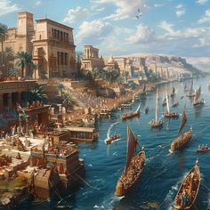 an artist's rendering of the ancient city of egypt with ships and people in it