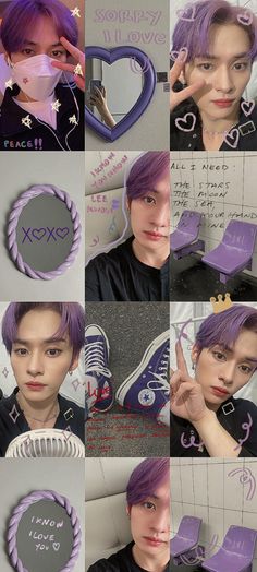 a collage of photos with purple hair and some writing on the back of it