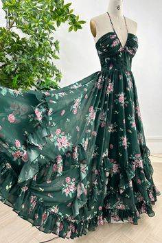 MissJophiel Halter V Neck Corset Floral Print Chiffon  Dark Green Dress Green Floral Long Dress, Dark Green Dress, Luxurious Dresses, Floral Print Chiffon, Halter Neckline, British Indian, Dark Green, Green Dress, Bodice