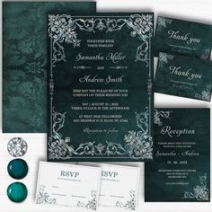 wedding stationery with emerald green and silver accents