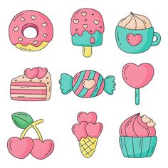 different kinds of sweets and pastries are shown in this drawing style, including donuts, cupcakes, cake, lollipops, ice cream, candy