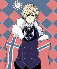 an anime character with blonde hair wearing a blue vest and white fur collar, standing in front of a pink background