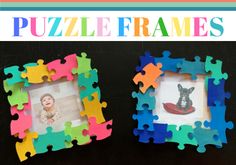 two colorful puzzle frames sitting on top of a black surface with the words puzzle frames in front of them