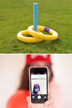 two pictures one with an inflatable tube and the other with a cell phone