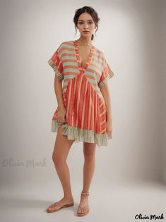 Olivia Mark - Oversized Floral Patterned V-Neck Mini Dress Multicolor Relaxed Fit V-neck Dress, Relaxed Fit V-neck Mini Dress For Vacation, Casual Multicolor V-neck Beach Dress, Casual Multicolor V-neck Dress, Summer Linen V-neck Dress For Daywear, Summer V-neck Dress For Daywear, Oversized Striped Summer Dresses, Casual Striped V-neck Dress, Multicolor Split Neck Mini Dress For Summer