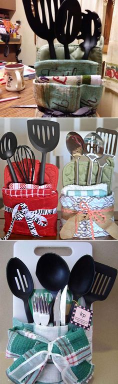 kitchen utensils are stacked on top of each other in different baskets and containers