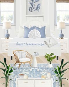 a bedroom with white furniture and blue accents on the walls, along with potted plants