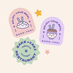 three stickers with the words, enjoy your meal and take - yaki on them