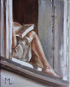 a painting of a person laying down in a window sill and reading a book