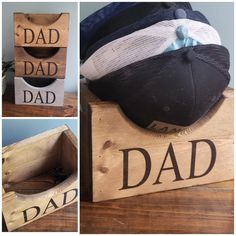 three photos of dad's hat on top of a wooden box with the word dad written on it