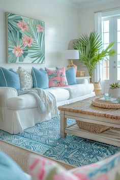 chic tropical decor, living room inspo, room ideas, croom ideas, coastal home decor, coastal living room Coastal Living Rooms Colorful, Coastal Themed Living Room, Hawaii Condo Decor Interior Design, Bright Beach Decor, Hawaiian Living Room, Miami Decor Interior Design, Florida Living Room Ideas, Boho Beachy Room, Florida Homes Interior Design