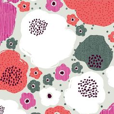 an abstract painting with flowers and dots in pink, green, gray and white colors