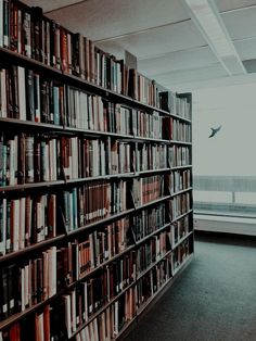 a large bookcase filled with lots of books next to a window in an office building