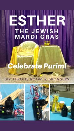 an advertisement for the jewish mardi gras with pictures of items and decorations on it