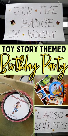 a collage of photos with the words toy story themed birthday party written on it