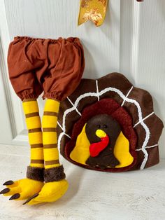 there is a stuffed turkey and leg warmers