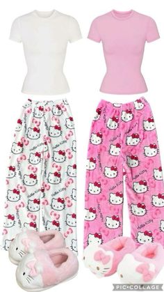 Cute Matching Clothes, Y2k Pjs, Y2k Pajamas, Bff Matching Outfits, Matching Fits, Bff Matching, Kitty Clothes, Hello Kitty Clothes