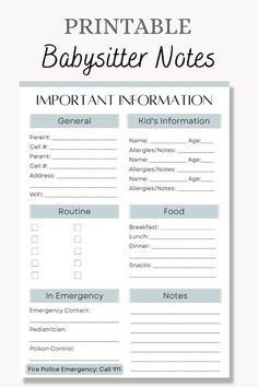 the printable babysitter notes are perfect for parents to use in their child's nursery