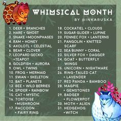 a list of things to do in the whimsical month with pictures on it