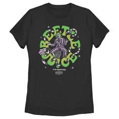 It's Showtime! Now you can join Adam and Barbara in the netherworld with this Beetlejuice It's Showtime Women's Graphic T-Shirt! This retro design features Betelgeuse encircled by his name in green lettering and a sandworm along with the iconic phrase: "It's Showtime" printed across the front. Celebrate one of the best after-life-themed comedy horror films and don't wait in the house for the next one hundred and twenty-five years to get this tee! It’s Showtime Beetlejuice, Adam And Barbara, Beetlejuice Tshirt Design, Beetlejuice Never Trust The Living, Beetlejuice Merch, Beetlejuice Shirt, Beetlejuice Sandworm, Female Features, Wardrobe Color