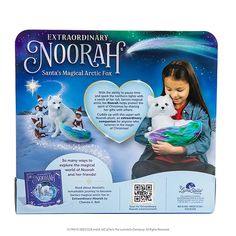 an advertisement for santa's magical arctic fox with a girl holding a stuffed animal