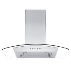 a stainless steel and glass range hood on an isolated white background with no people around it