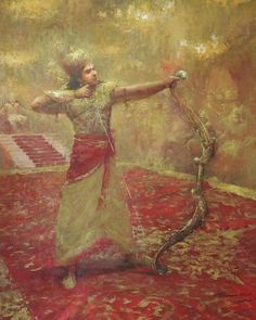 a painting of a woman holding a snake on top of a red carpet with trees in the background