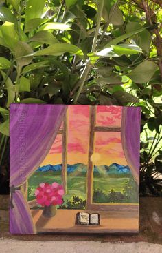 a painting of a window with purple curtains and pink flowers in front of the windowsill