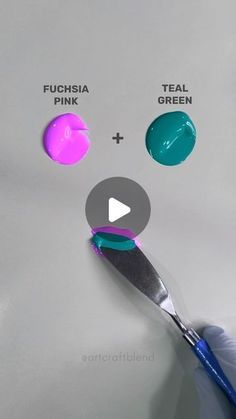 a person is holding a paintbrush with different colors on it and the words fuchsia pink, teal green, and teal green