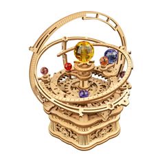 the robotime model is made out of wood and has four different colored stones on it