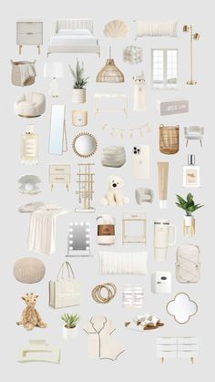 a collage of white furniture and accessories