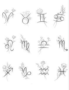 the zodiac signs and their meanings are drawn in black ink on a white paper background