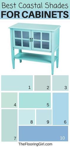 the best coastal shades for cabinets in blue and green, with text overlaying it