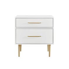 a white and gold nightstand with two drawers on one side, the top drawer is open