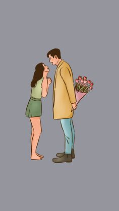 a man and woman standing next to each other with flowers in front of their faces