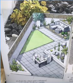 a drawing of a backyard with seating and landscaping