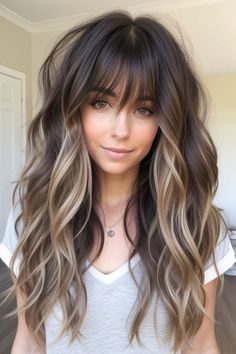 26+ Long Hairstyles With Bangs 8 Fall Hair For Long Brown Hair, Money Piece Long Bangs, Brown To Blonde Ombre Hair With Bangs, Long Hair With Bangs Highlights, Brown Blonde Hair With Bangs, Dark Hair With Extensions Colour, Long Hair Bangs Highlights, Long Hair Feathered Bangs, Fringe Bangs With Money Piece