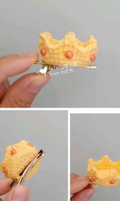 there is a miniature yellow crown made out of crochet