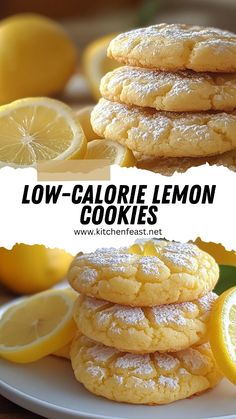 low - calorie lemon cookies on a plate with lemons in the background