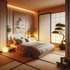 a bed sitting in a bedroom next to a window covered in bamboo sheets and pillows