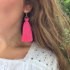 These handmade tassel earrings will make a big style impact, whether you’re wearing them with jeans and a t-shirt or with a dress. At less than one-tenth of an ounce, Libby & Smee statement earrings feel virtually weightless!+ super lightweight cotton tassel in peony pink+ gold-plated OR silver-plated stainless steel ear wire hooks (lead-free and nickel-free)+ comes with plastic earring back for security+ LONG is 3.25 inches and MINI is 2.5 inches from the top of the ear wire    (each piece Summer Tassel Dangle Earrings, Summer Tassel Dangle Earrings With Latkans, Adjustable Beaded Tassel Earrings, Summer Latkans Tassel Dangle Earrings, Summer Latkan Tassel Dangle Earrings, Summer Gift Tassel Earrings, Pink Tassel Earrings With Latkans, Trendy Tassel Drop Earrings, Adjustable Tassel Earrings With Latkans